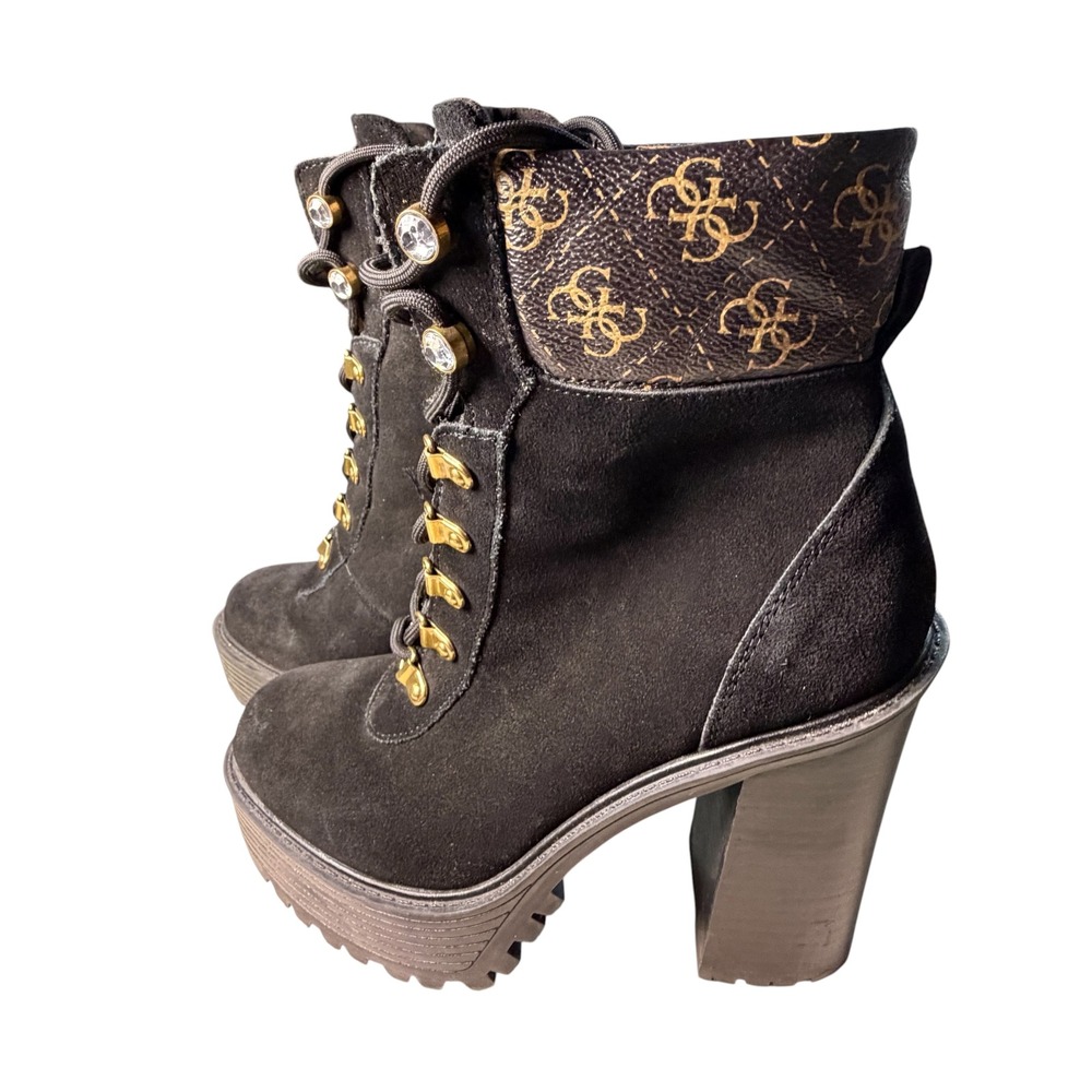 Guess Women's Black Suede Monogram Block Heel Lug Sole Mob Luxe Boots Size 8
